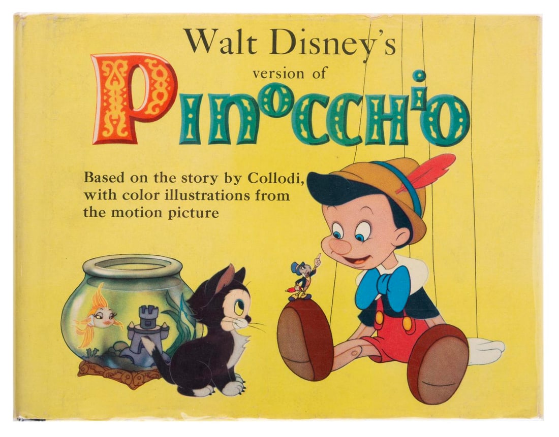 A Walt Disney's Version of "Pinocchio" Book.: (Grosset & Dunlap, 1939) A Walt Disney's Version of "Pinocchio" storybook. Measuring 7.25" x 9.5", the book displays in very good condition with creases, edge wear, and discoloration from age.