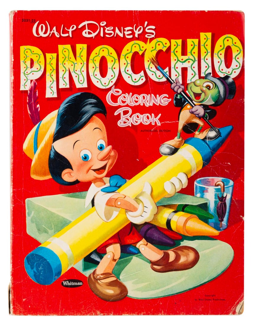 A Walt Disney's "Pinocchio" Coloring Book.: (Whitman, 1954) A Walt Disney's "Pinocchio" coloring book by Whitman. Measuring 8.5" x 11", the book displays in good condition with creases, wear, separation at the spine, and coloring throughout.