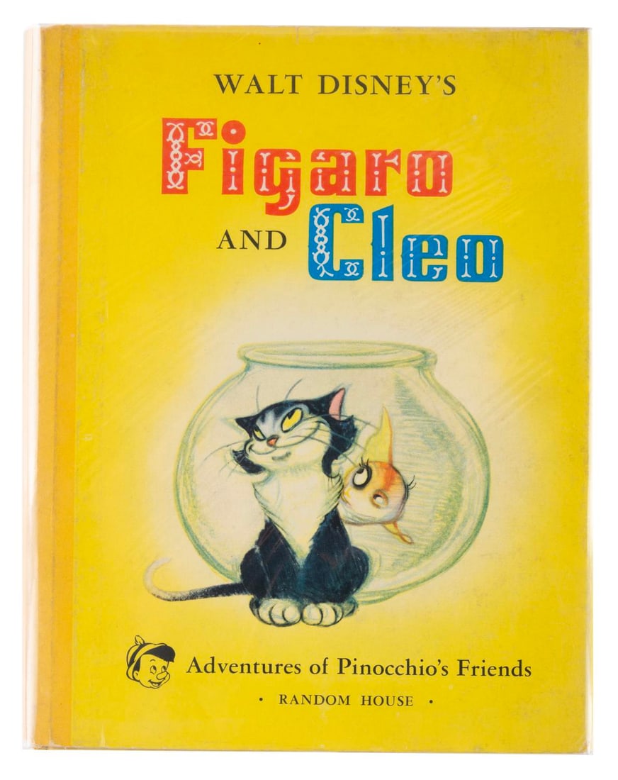 A "Pinocchio" Figaro and Cleo Book.: (Random House, 1940) A Walt Disney's Figaro and Cleo book, starring Geppetto's pets from "Pinocchio." Measuring 7.25" x 9", the book is in very good condition with creases, spots of discoloration,