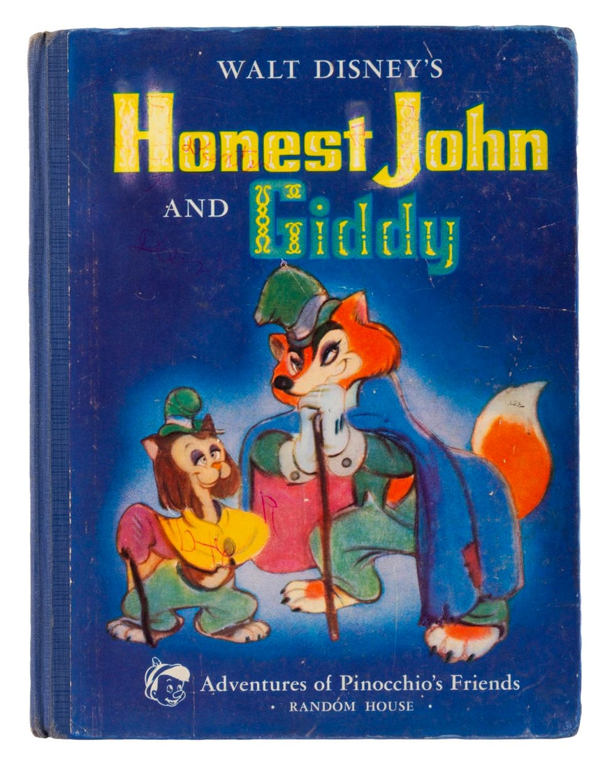 A "Pinocchio" Honest John and Giddy Book.: (Random House, 1940) A Walt Disney's Honest John and Giddy, starring the villains from "Pinocchio." Measuring 7" x 9", the book is in fair condition with creases, scratches, ink marks, and paper loss 