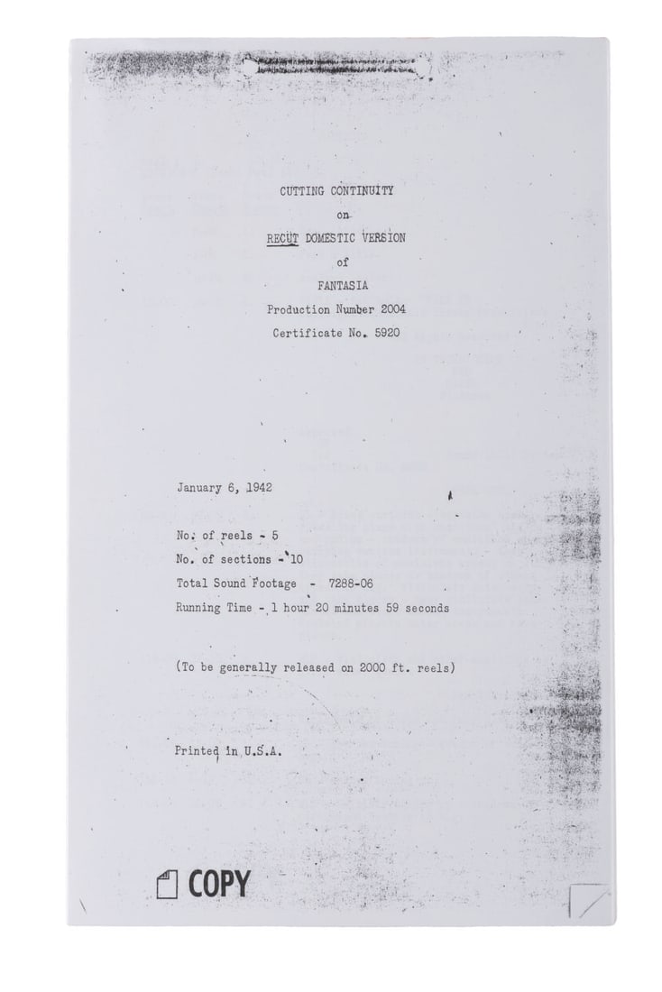 A "Fantasia" Cutting Continuity.: (Disney, 1990s) A complete cutting continuity script for "Fantasia." Dated January 6, 1942, this records the film as it was edited down to a one-hour, 21-minute length - much shorter than the