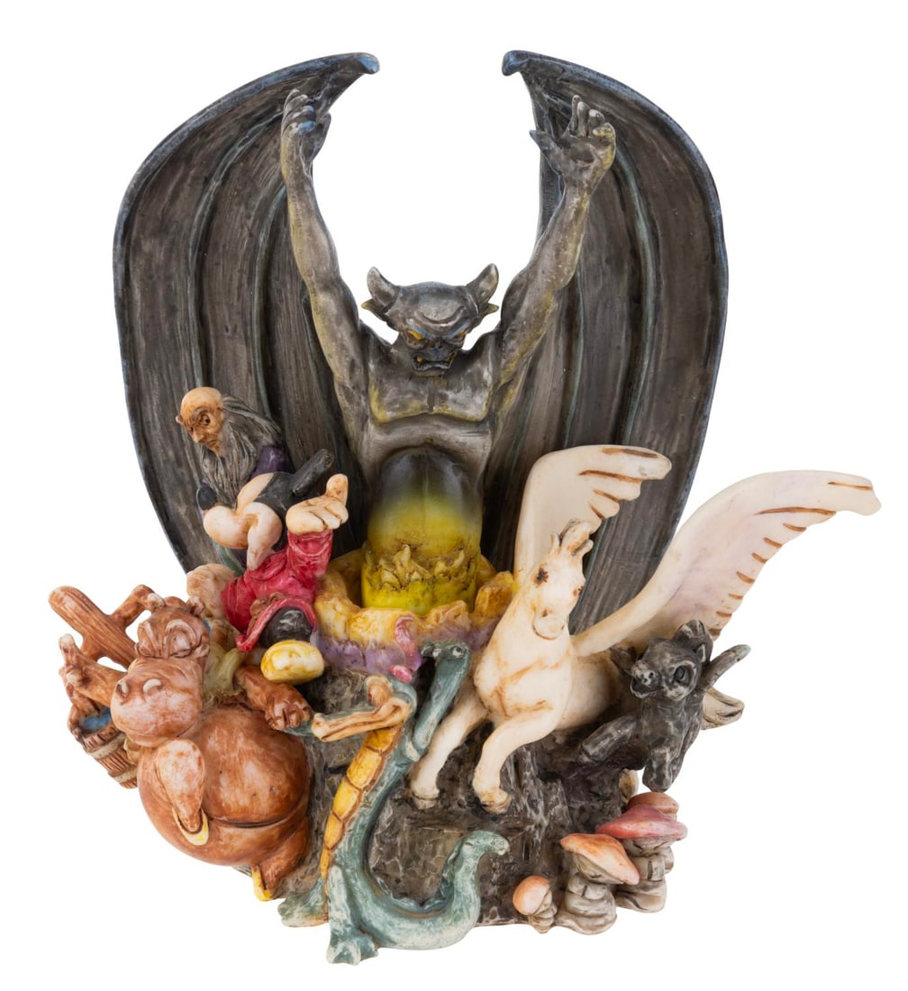 A Harmony Kingdom "Fantasia" Trinket Box.: (Harmony Kingdom, 2006) A trinket box figurine titled "All Things Fantasia" released in a limited edition of 500 by The Walt Disney Gallery. The figural box features the cast of "Fantasia," including