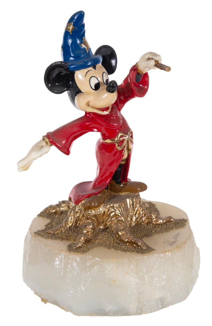 A "Fantasia" Sorcerer Mickey Sculpture.: (Ron Lee, 1990) A hand-painted figurine of Mickey as he appeared in The Sorcerer's Apprentice segment of "Fantasia," signed by the artist Ron Lee on the base and numbered 141/2750. The sculpture is co