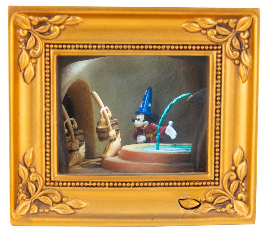 An Olszewski "Fantasia" Gallery of Light Box.: (Disney, 2008) A “Fantasia” Gallery of Light diorama titled “Sorcerer Mickey at the Fountain,” by renowned miniaturist Robert Olszewski. The light-up function worked when tested, requi