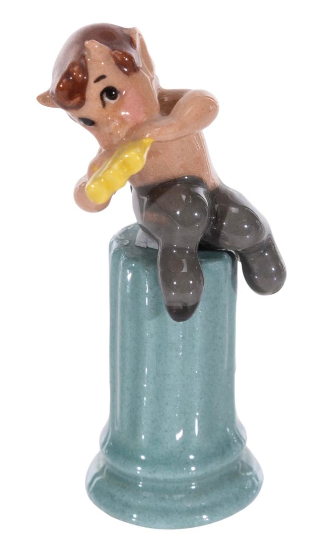"Fantasia" Satyr and Pillar Ceramic Figurines.: (Hagen-Renaker, 1950s) A ceramic figurine of a Satyr and a pillar inspired by the Pastoral Symphony sequence of "Fantasia," released by Hagen Renaker. Measuring 1.5" and 1.25" tall, the Satyr and pill