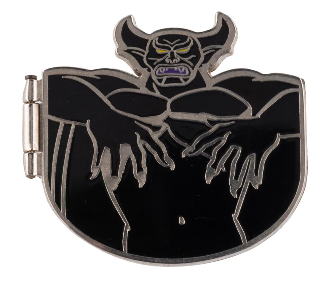 A Chernabog "Fantasia" Hinged Pin.: (Disneyland, 2008) A Chernabog hinged pin that reads "Evil (squared)" inside, released in a limited edition of 100. Measuring 2" x 1.75", the pin is in very good condition.