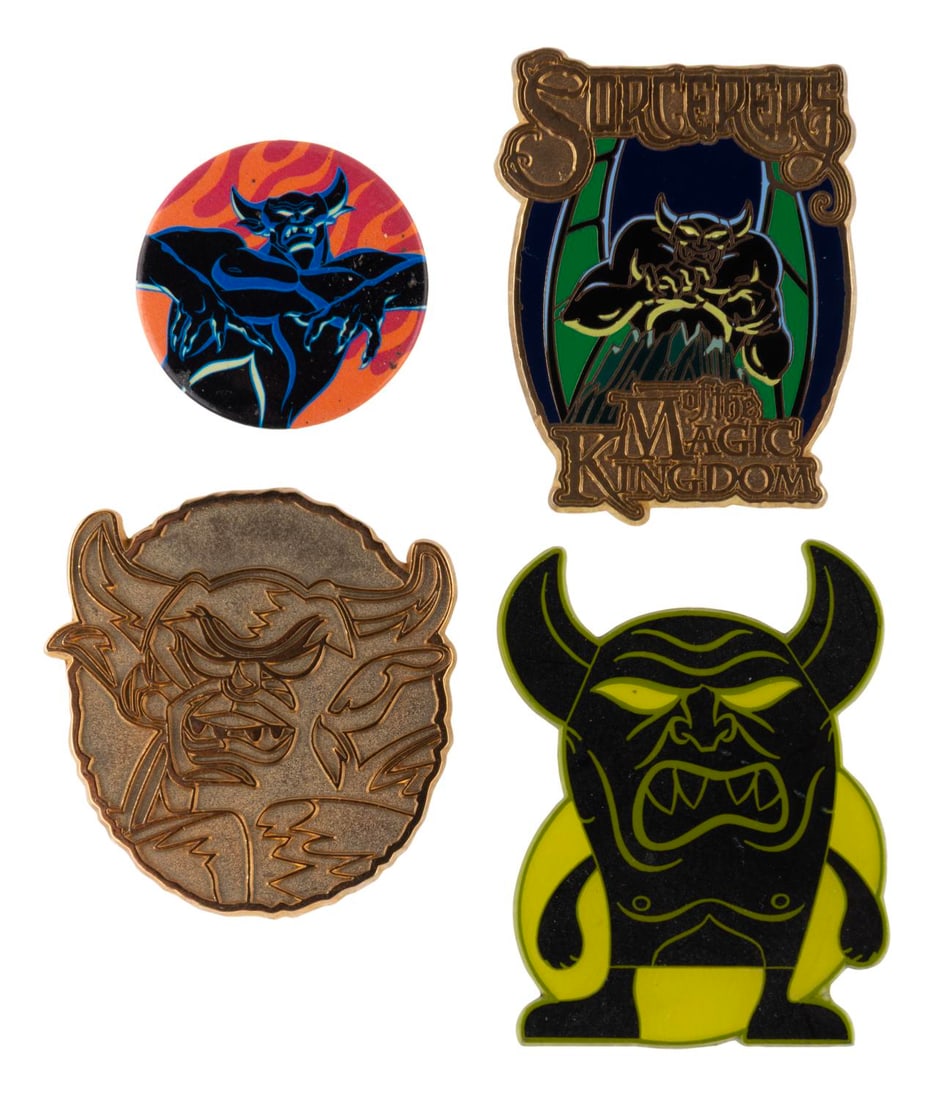 A Collection of Chernabog Pins.: (Disney, 2010s) Three limited release/Mystery Chernabog pins, and a small Chernabog button. Included are a Sorcerer?s of theMagic Kingdom Mystery pin, and a Disney Parks Vinylmation Mystery Popcorns P