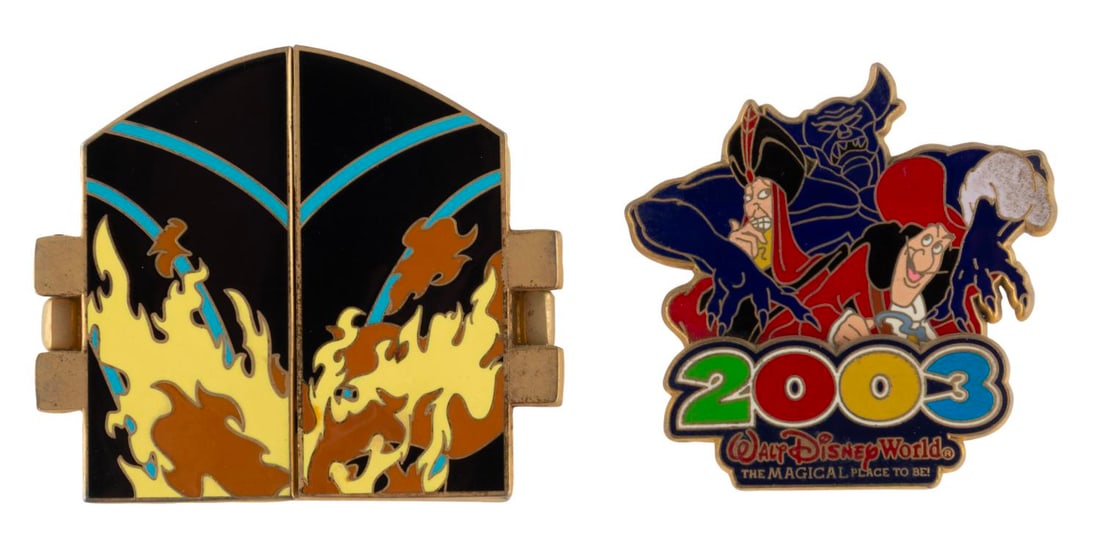 A Pair of Disney Villains Pins.: (Disney Parks, 2003/07) A pair of pins featuring Chernabog with other villains, including a hinged pin with Chernabog?s wings opening to reveal "the Guys." The pins are in very good condition.