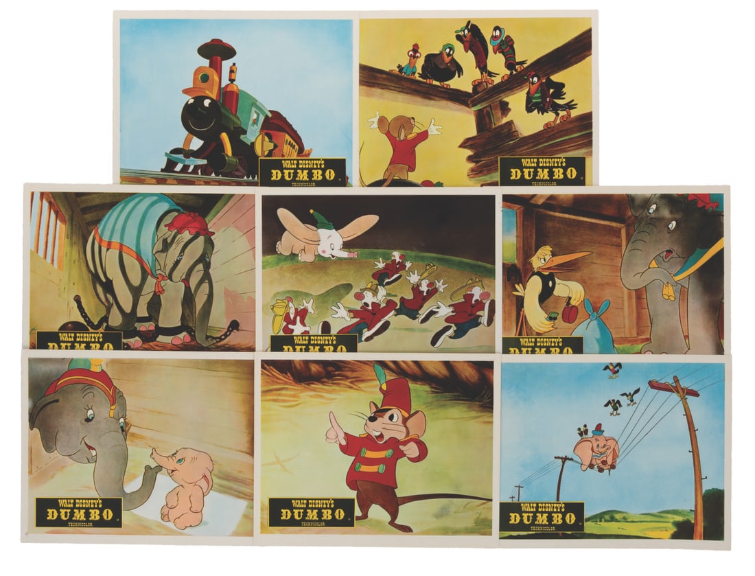 A Rare Set of Early British "Dumbo" Lobby Cards.: (Disney, 1940s-60s) A rare set of eight British lobby cards for "Dumbo." These likely date to the film?s first reissue in the UK in 1962, or possibly the earliest release in 1942. Each measuring 8" x