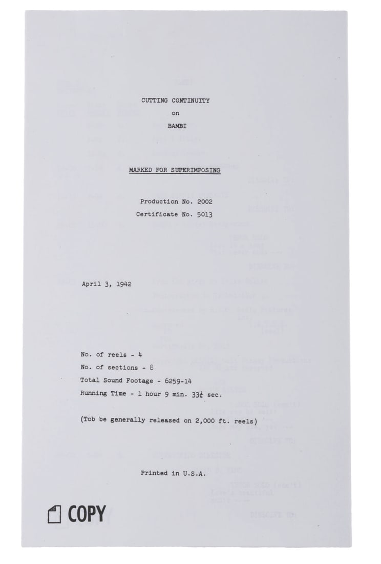 A "Bambi" Cutting Continuity Script.: (Disney, 1990s) A complete cutting continuity script for "Bambi." Dated April 3, 1942 - about six months before the film?s premiere - this records the full version of "Bambi" at that time, detailing e