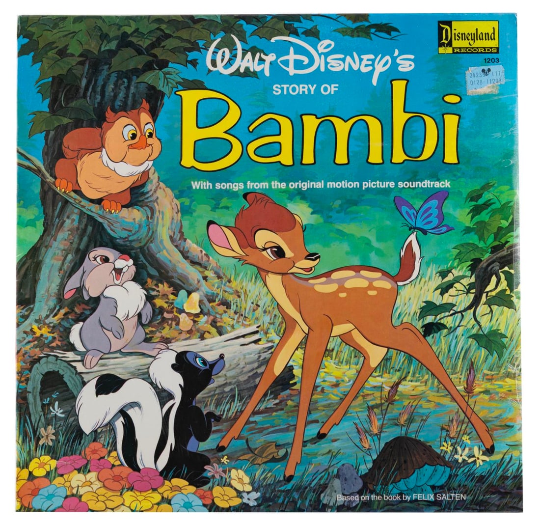 A "Walt Disney's Story of Bambi" Record Album.: (Disneyland Records, 1978) A “Story of Bambi” 33 1/3 LP album featuring songs from the film. The record is in fine condition, still sealed in the original cellophane.