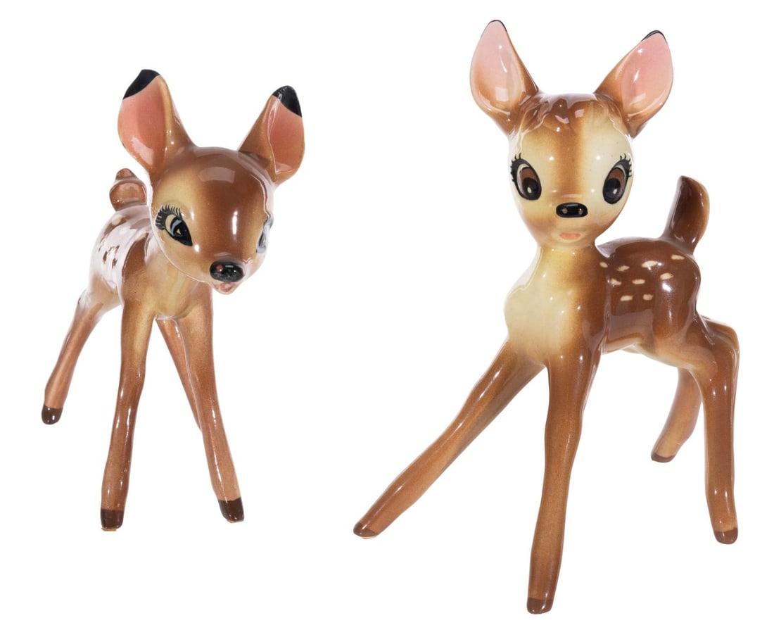 A Pair of Bambi and Faline Ceramic Figurines.: (Shaw/American Pottery, 1940s) A pair of painted glazed ceramic figurines of Bambi and Faline. Measuring 4" x 7" x 8" and 3" x 9" x 7", the figurines are in very good condition with crazing in light