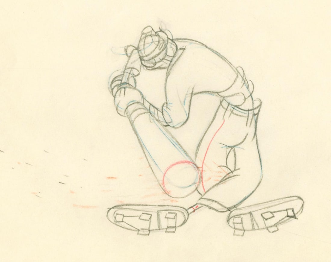 A "How To Play Baseball" Goofy Production Drawing.: (Disney, 1942) An original production drawing of Goofy from the animated short "How to Play Baseball." Goofy has an image size of 4.5" x 6" on 10" x 12" animation paper. The graphite and color pencil 