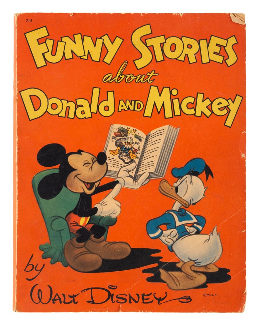 A Funny Stories About Donald and Mickey Book.: (Whitman, 1945) A Funny Stories About Donald and Mickey book by Walt Disney. Measuring 8.5" x 11", the book displays in good condition with edge wear, creases, coloring, inscriptions, and tape on the