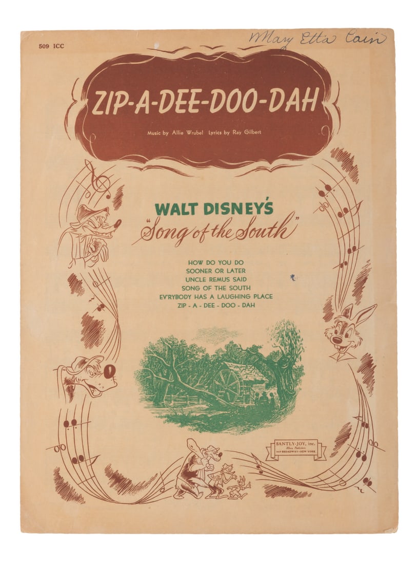 Sheet Music for "Zip-A-Dee-Doo-Dah" from "Song of the South.": (Santly-Joy, 1946) Sheet music for the Academy Award-winning song "Zip-A-Dee-Doo-Dah" from Walt Disney?s "Song of the South." Measuring 9" x 12", the bi-fold sheet music is in good condition with