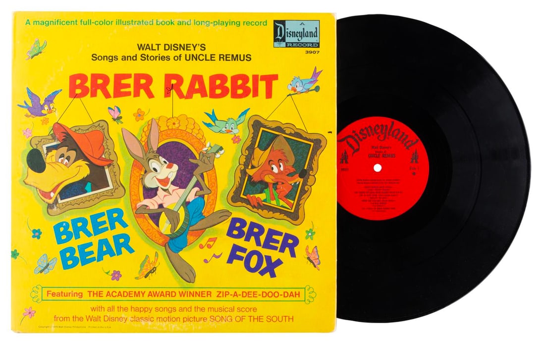 A Walt Disney's "Songs and Stories of Uncle Remus" Record.: (Disneyland Records, 1976) A Walt Disney?s Songs and Stories of Uncle Remus 33rpm record featuring popular songs from "Song of the South," accompanied by a full-color 11-page illustrated book. The