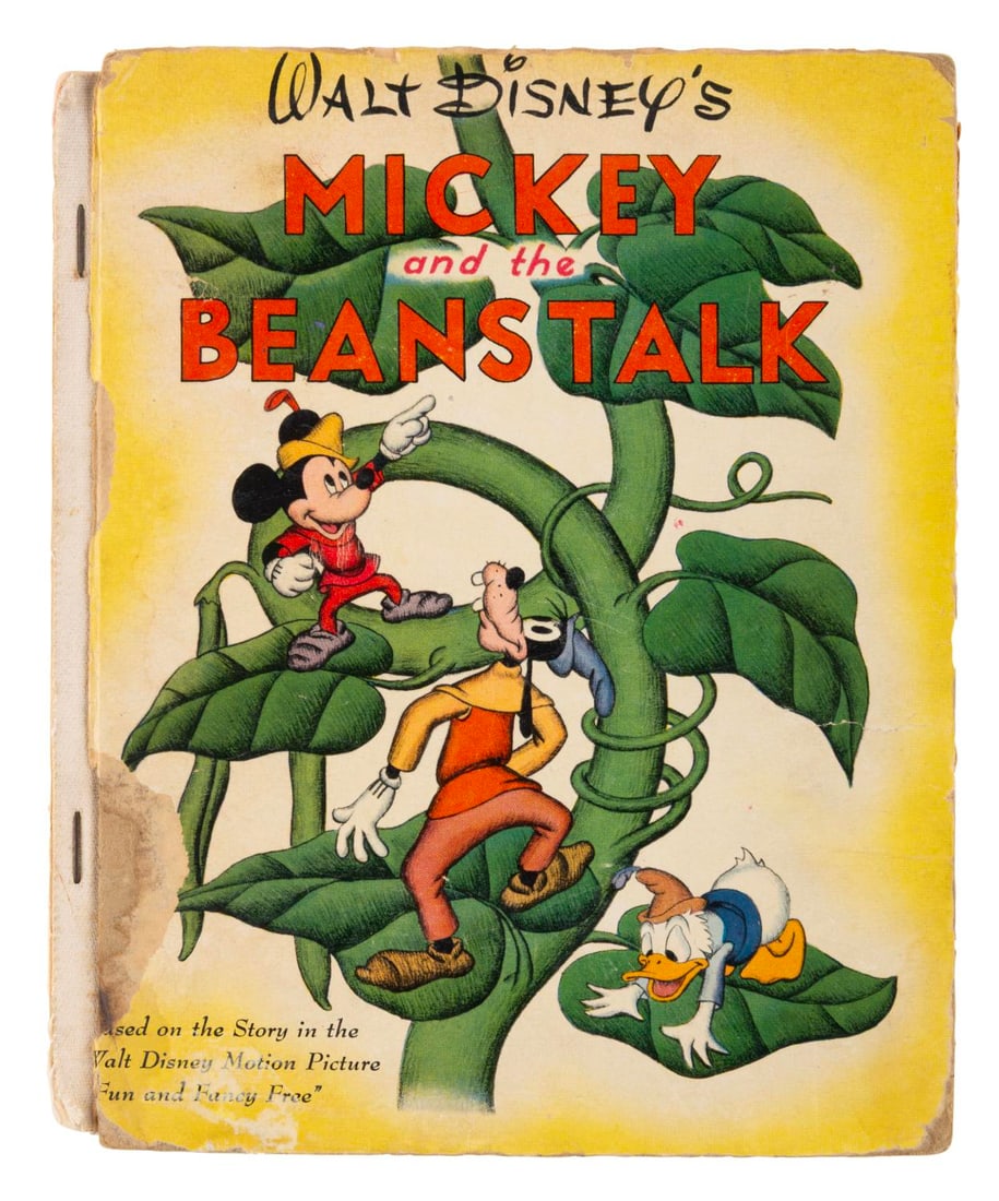 A "Mickey and the Beanstalk" Book.: (Grosset and Dunlap, 1947) An illustrated storybook of "Mickey and the Beanstalk" from "Fun and Fancy Free." Measuring 8.25" x 7", the book is in fair condition with the spine cover missing, a 1" x