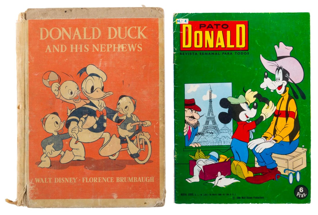 A 1940s Donald Duck Book and 1960s Spanish Comic.: (Heath/Disney, 1940/66) A 1940s Donald and His Nephews storybook published by Heath, and a Spanish-language Donald Duck comic from 1966. Measuring 6.25" x 8.5" and 6" x 8.5", the book and comic are