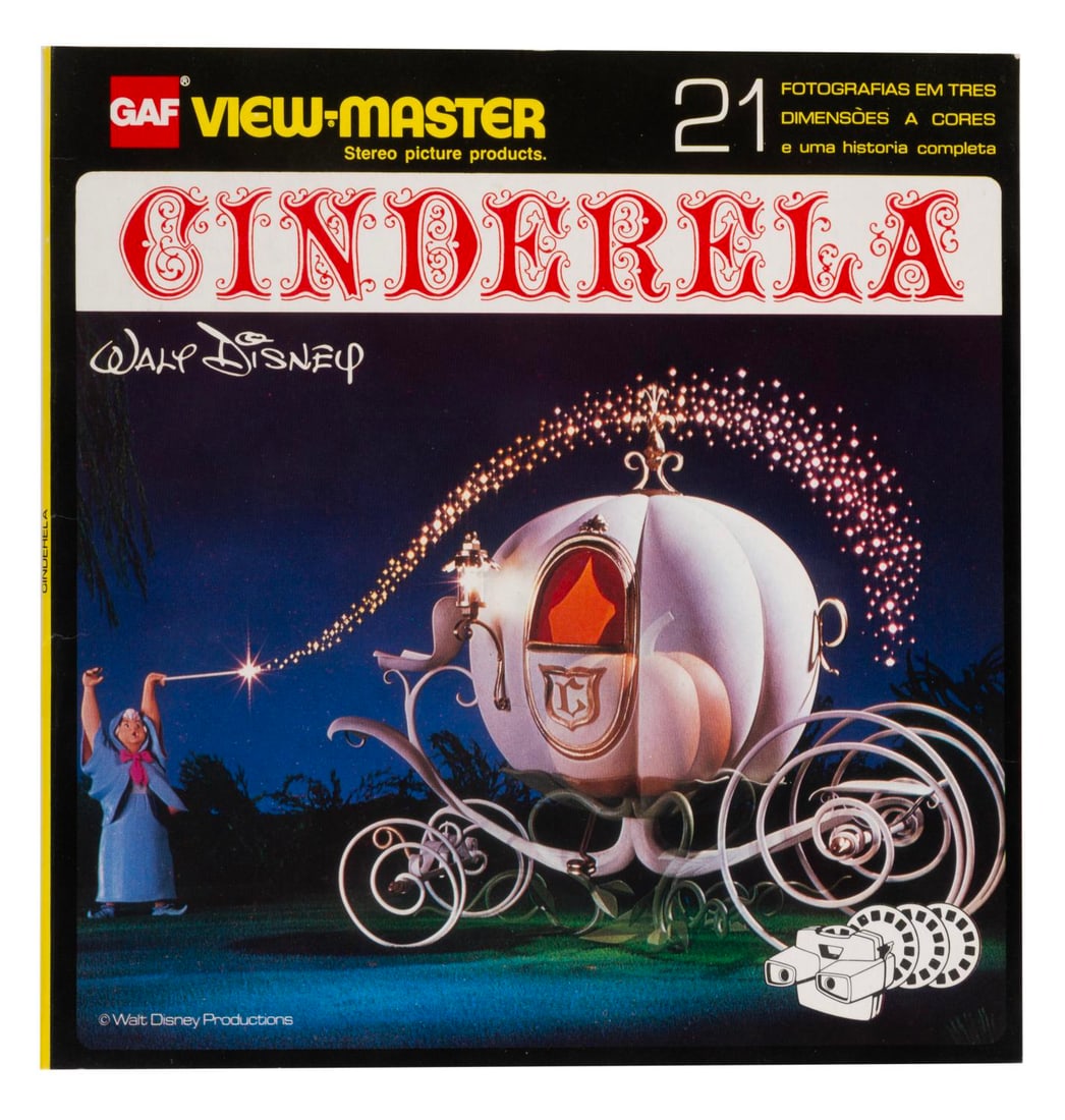 A Portuguese "Cinderella" View-Master Set.: (Gaf, 1970s) A Portuguese View-Master set of three reels and storybook featuring Walt Disney?s "Cinderella." Measuring 8.25" x 8.25" the set is in very good condition with slight edge wear.