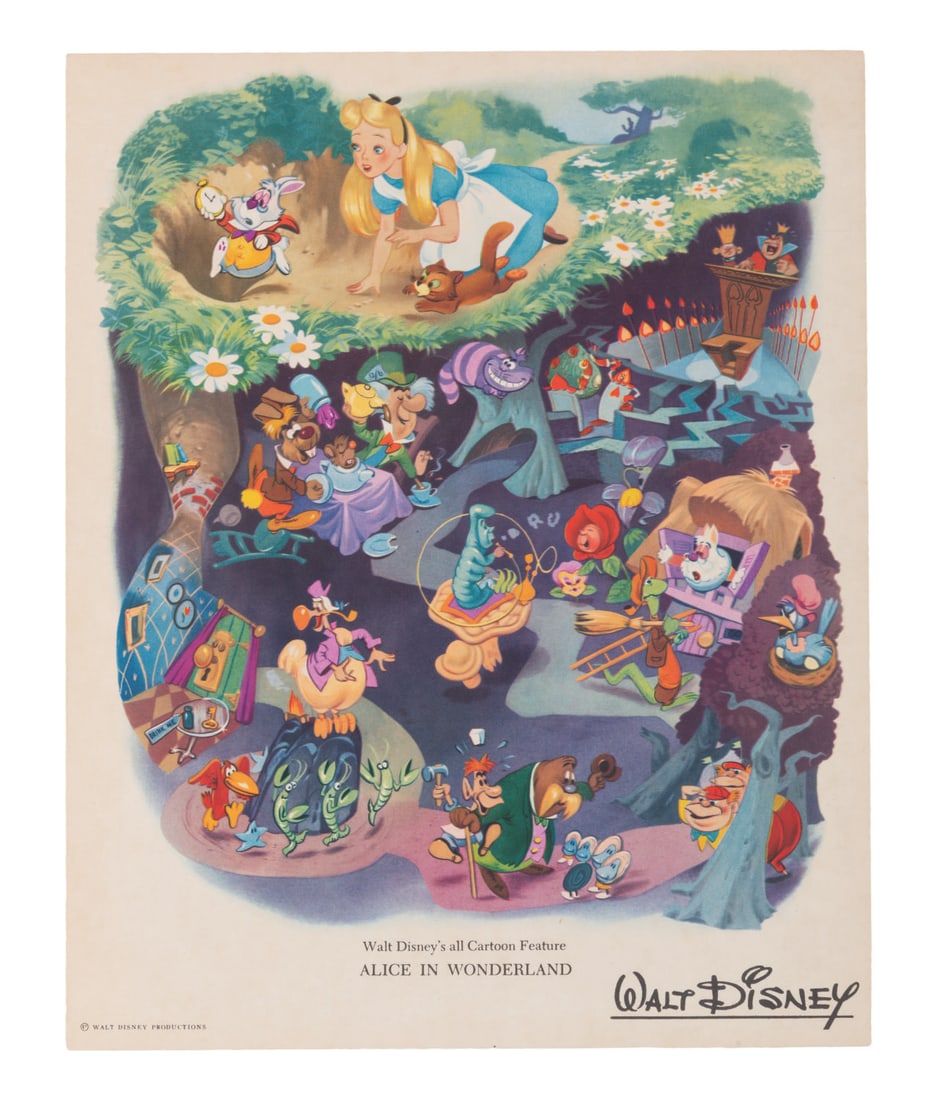 An "Alice in Wonderland" Fan Card.: (Disney, 1951) A fan card for "Alice in Wonderland." Cards like this one were mailed to fans who wrote to the Studio. Measuring 8.25" x 10" the card is in very good condition with light edge wear and