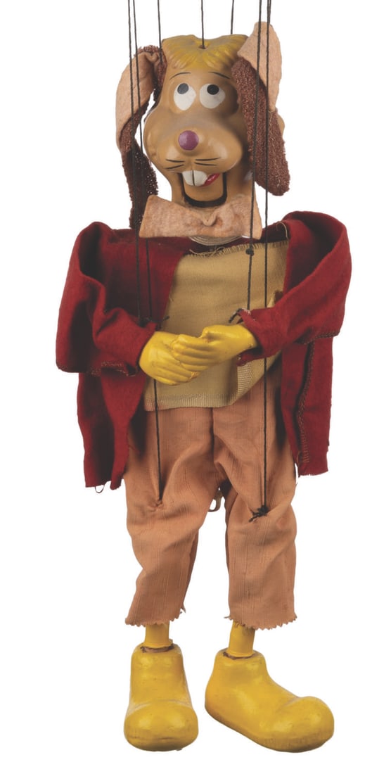 A March Hare Peter Puppet Playthings Marionette.: (Peter Puppet Playthings, 1950s) An original "Alice in Wonderland" marionette of the March Hare. The puppet has a composition head, arms, and legs, with fabric clothing, and a movable mouth.