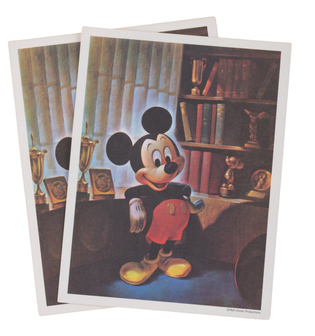 A Pair of Mickey Mouse Studio Fan Cards.: (Disney, 1950s) A pair of Mickey Mouse Studio fan cards. The portrait was painted by Imagineer John Hench to commemorate Mickey?s 25th birthday in 1953. Measuring 5.75" x 7.5", the cards are in very