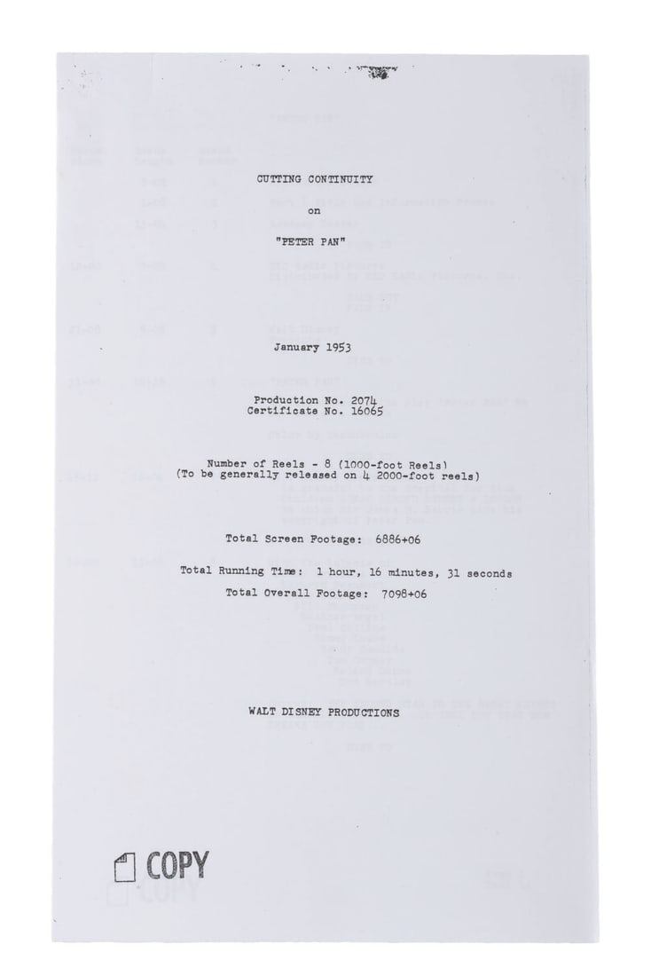 A "Peter Pan" Cutting Continuity Script.: (Disney, 1990s) A complete cutting continuity script for "Peter Pan." Dated January 1953 - just before the film?s February 5th premiere - this records the full version of "Peter Pan" at that time,