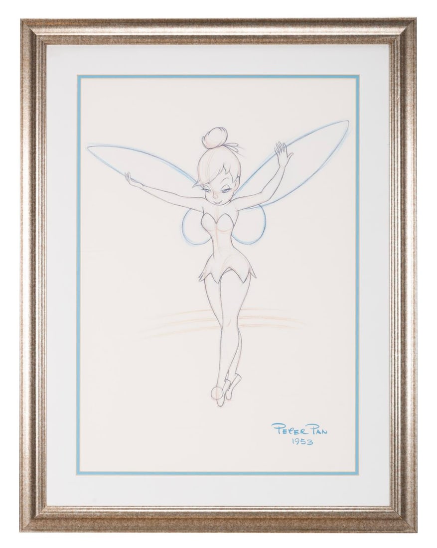 A Tinker Bell Lithograph.: (Disney Store, 1990s) An oversized lithograph print from an animation drawing of Tinker Bell from "Peter Pan." With an image size of 18" x 19" in the 27.5" x 35.25" frame, the lithograph is in fine