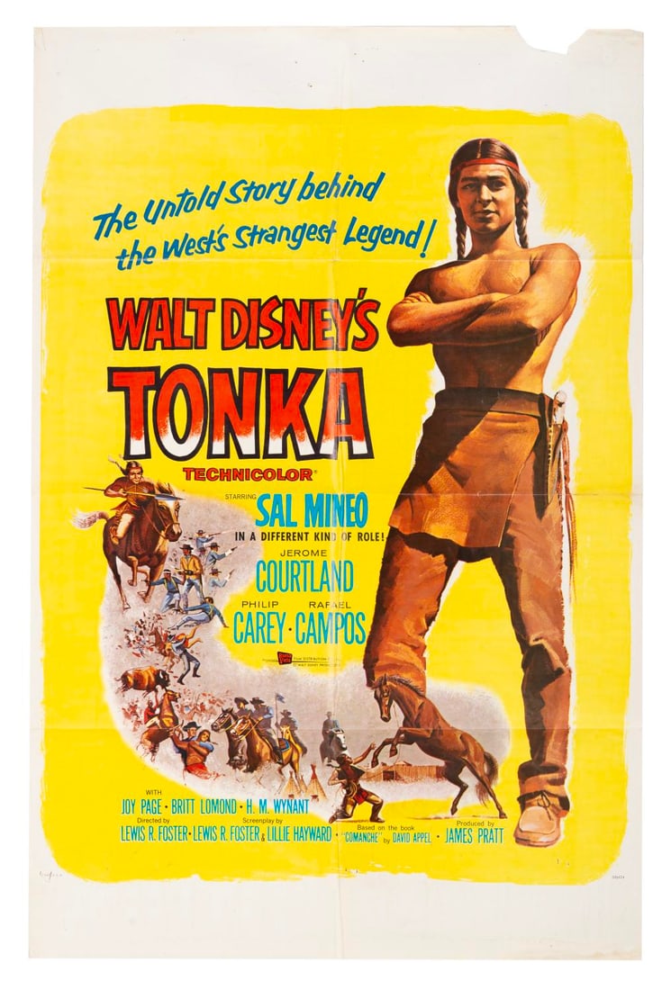 A "Tonka" One-Sheet.: (Disney, 1958) A one-sheet for Walt Disney?s "Tonka" starring Sal Mineo as White Bull. Measuring 26.75" x 41", the poster is in poor condition with a 1.25" x 3.5" area of paper loss at the upper
