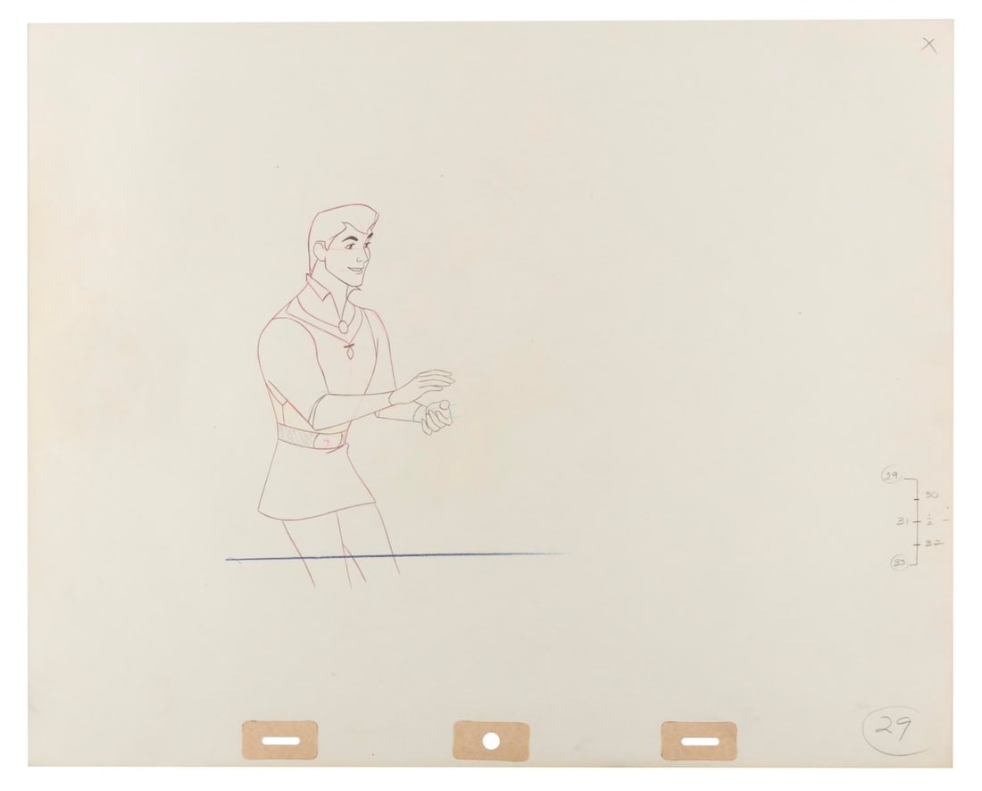 A "Sleeping Beauty" Prince Phillip Original Production Drawing.: (Disney, 1959) An original production drawing of Prince Phillip from "Sleeping Beauty." With an image size of 3.25" x 6.5" on 12.5" x 15.5" animation paper, the drawing is in very good condition with