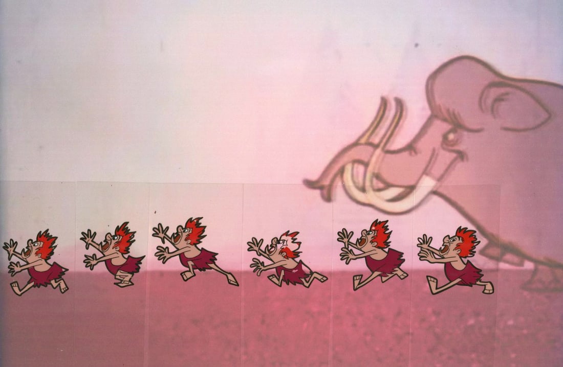 An "I'm No Fool as a Pedestrian" Production Cel Sequence.: (Disney, 1956) An original production cel sequence of a caveman running from the short "I'm No Fool as a Pedestrian," which originally aired on "The Mickey Mouse Club." The piece is composed of six