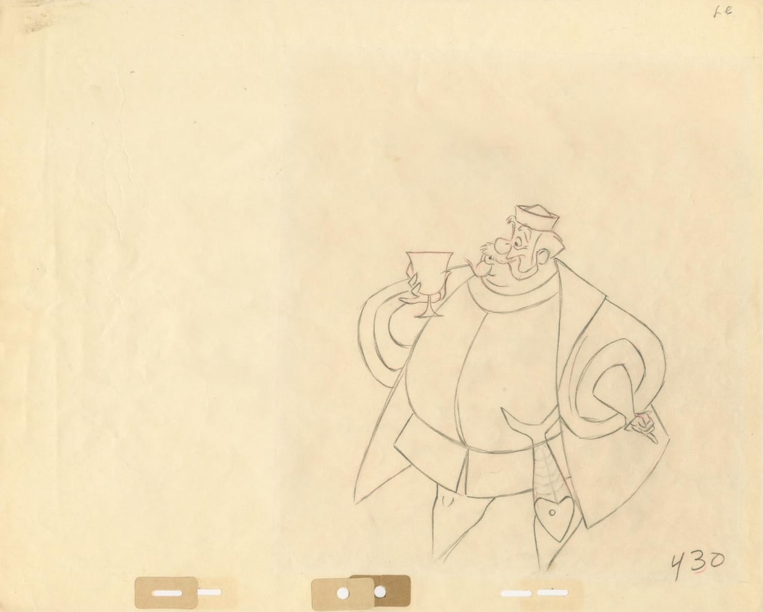 A "Sleeping Beauty" King Hubert Production Drawing.: (Disney, 1959) An original production drawing of King Hubert from "Sleeping Beauty." With a character image size of 7.5" x 6.5" on 12.5" x 15.5" animation paper, the graphite drawing is in very good