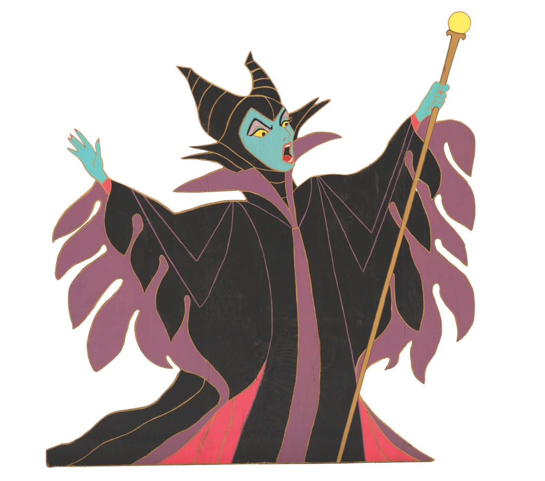 A Large Hand-Painted Maleficent Display.: (Walt Disney World, 1970s-90s) A large wooden display of Maleficent from "Sleeping Beauty," likely displayed at the Walt Disney World Resort. Measuring 48" x 0.5" x 46" tall, the hand-painted piece