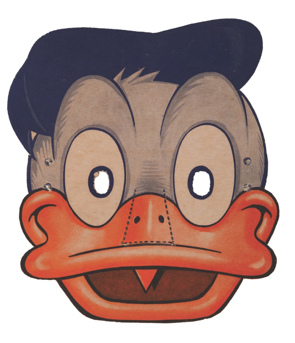A Donald Duck Wheaties Promo Cut-Out Mask.: (General Mills, 1950s) A rare cut-out Donald Duck mask from a Wheaties box promotion in the 1950s. Measuring 7" x 7.75" the mask is in very good condition with light wear from handling and age.