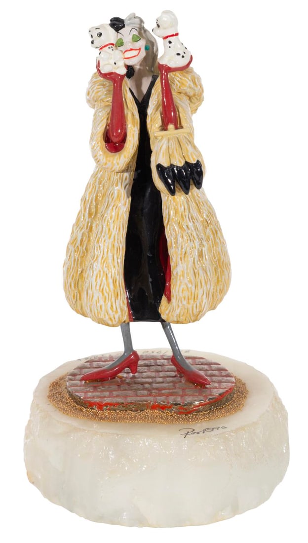 A Cruella de Vil Sculpture by Ron Lee.: (Ron Lee, 1996) A hand-painted figurine of Cruella de Vil from "One Hundred and One Dalmatians," signed by the artist Ron Lee on the base and numbered 236/750. The sculpture is composed of metal plate
