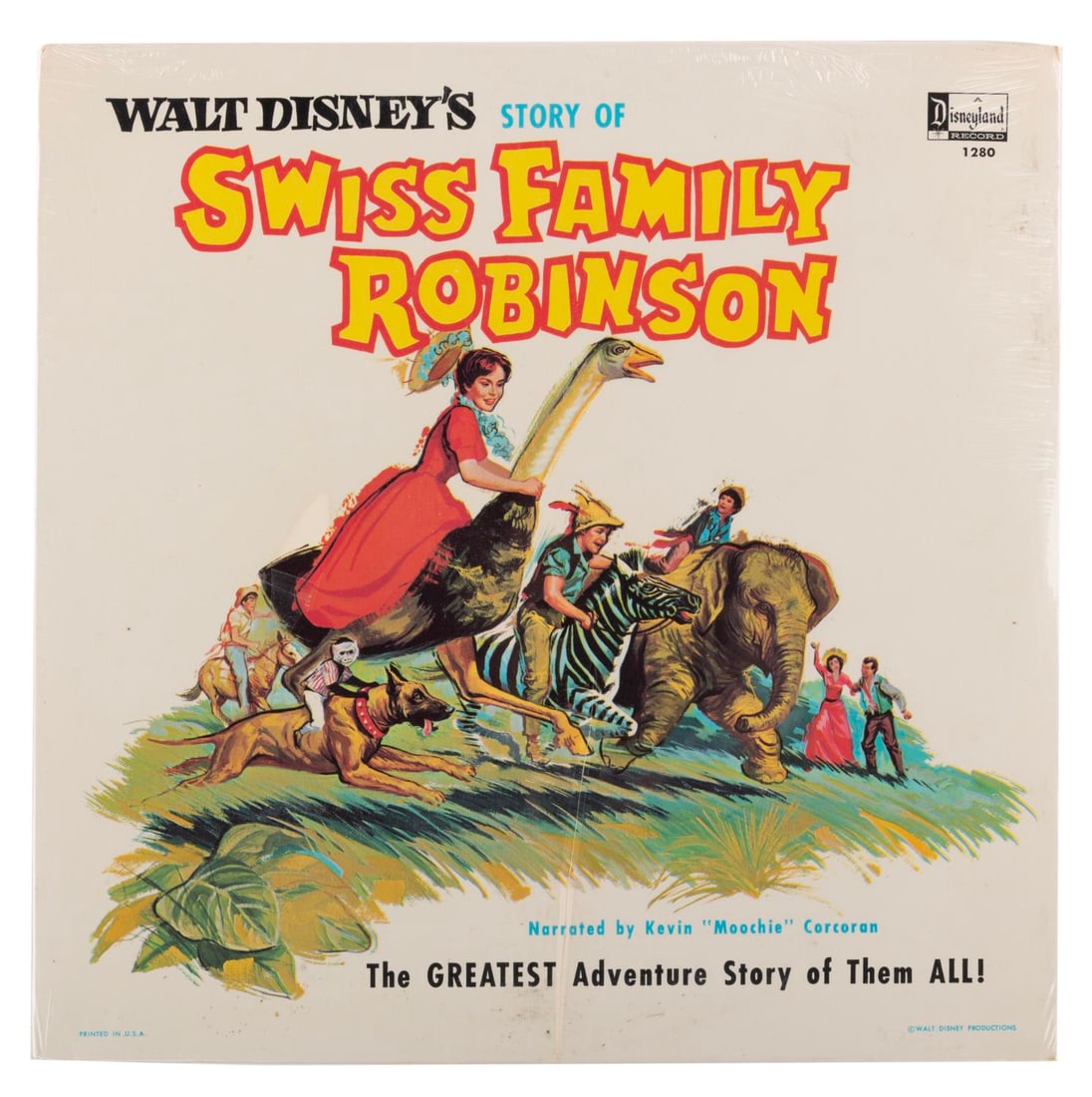 A "Swiss Family Robinson" Storybook Album.: (Disneyland Records, 1968) A storybook album for Walt Disney's "Swiss Family Robinson" narrated by Kevin Corcoran. Measuring 12.5" x 12.5", the sealed album is in good condition with a 5" cut at the b