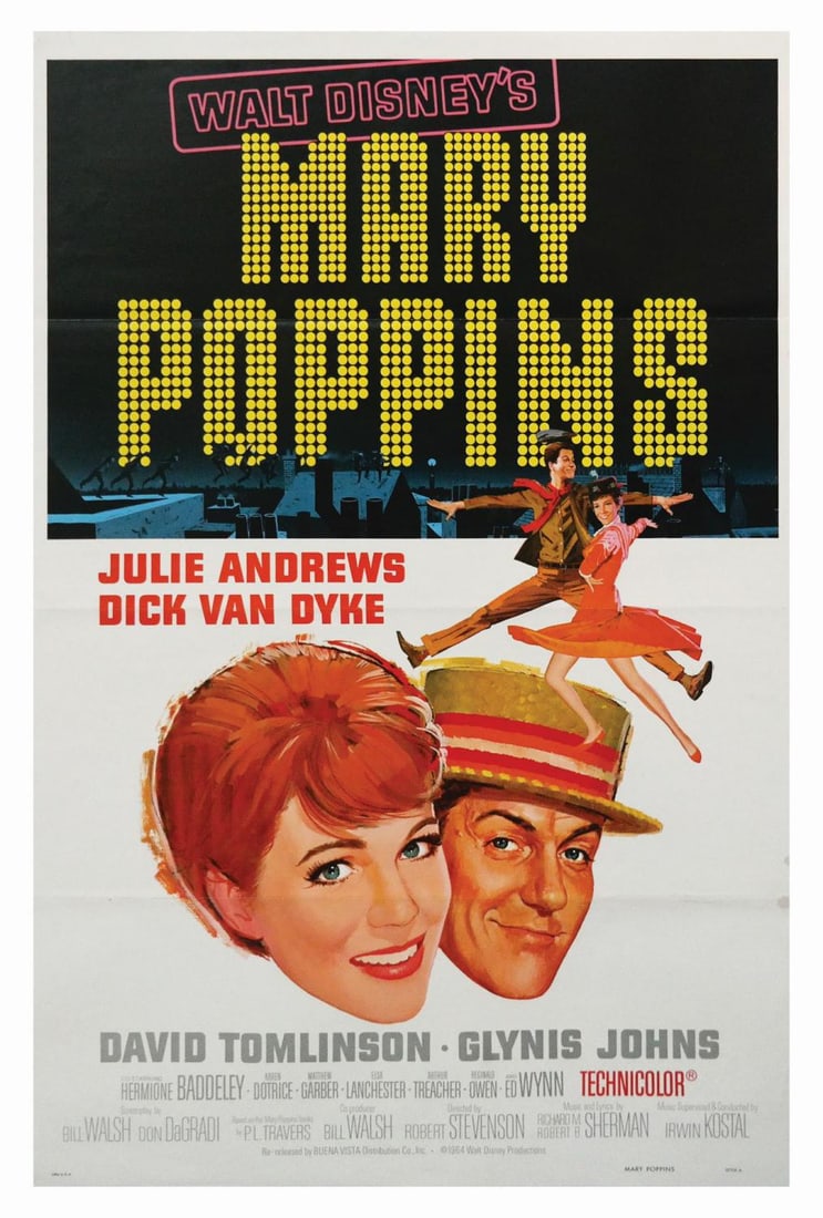 A "Mary Poppins" Style-A One-Sheet.: (Disney, 1964) An original one-sheet for "Mary Poppins" featuring the wonderful illustrations of Paul Wenzel. Measuring 27" x 41", the poster is in good condition with a small tear in the lower left c
