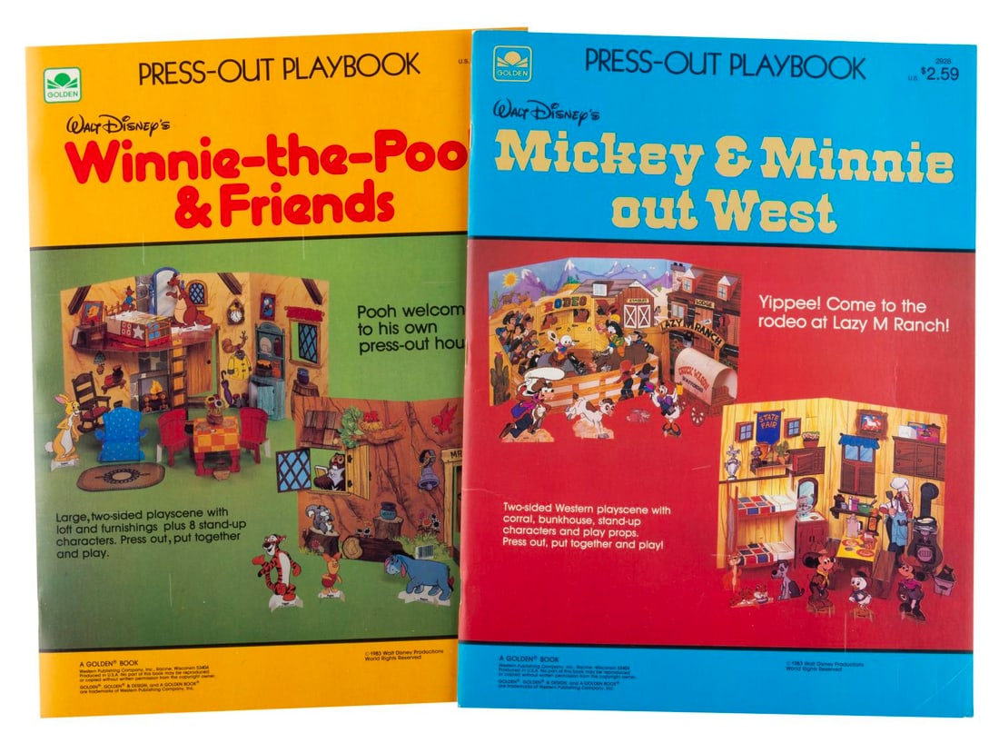 A Pair of 1983 Disney Golden Press-Out Playbooks.: (Golden, 1983) Two Golden Press-out Playbooks including Winnie the Pooh and Friends, and Mickey & Minnie Out West. Each book lets you punch out Disney characters with scenes for them to play in. Each 