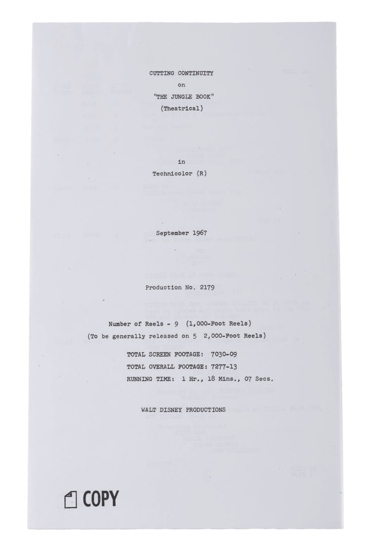 A "The Jungle Book" Cutting Continuity Script.: (Disney, 1990s) A complete cutting continuity script for "The Jungle Book." Dated September 1967 - just before the film?s October 18th premiere - this records the full version of "The Jungle Book" at 