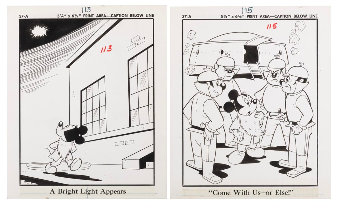A Pair of 1968 Mickey Mouse Big Little Book Original Drawings.: (Whitman, 1968) Two pages of original art from the Big Little Book Mickey Mouse Adventures in Outer Space. Drawn and inked by a Disney Studio artist, the pages show Mickey observing a UFO and confront
