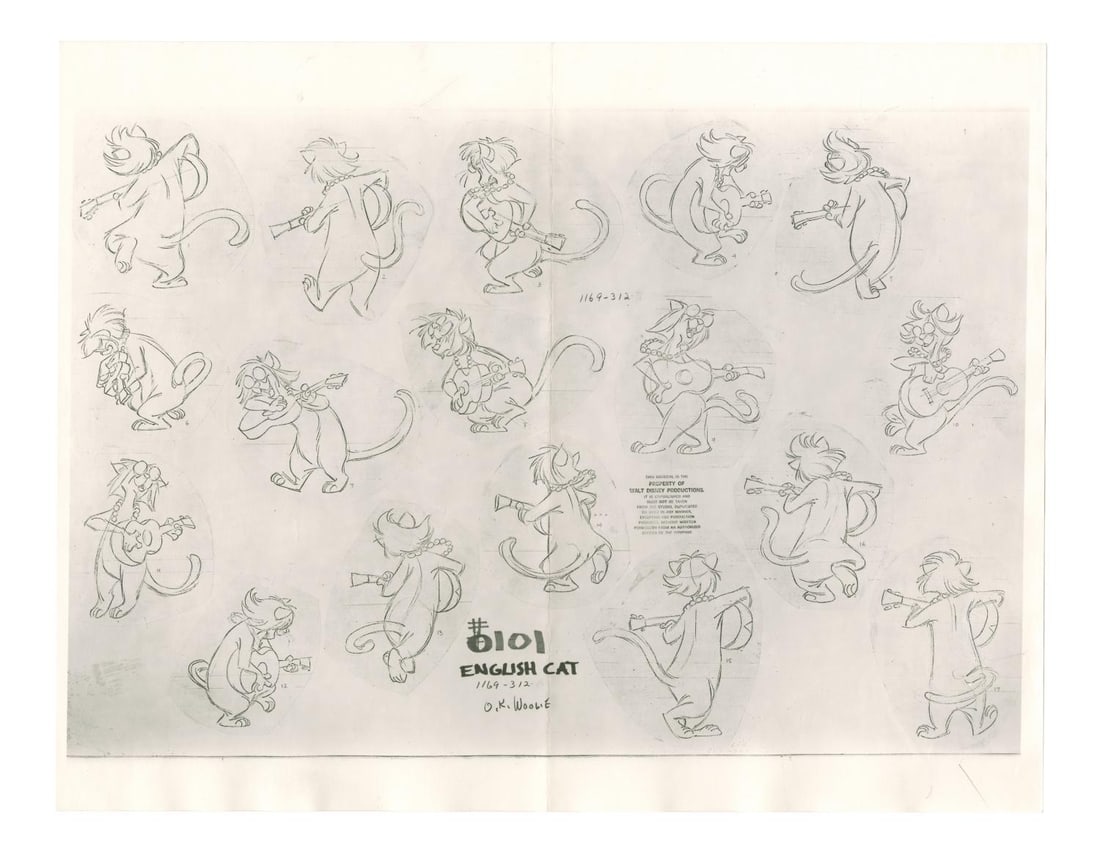 An "Aristocats" Hit Cat Photostat Model Sheet.: (Disney, 1970) An original photostat model sheet of Hit Cat from "The Aristocats." Model sheets such as this were distributed to animators and crew working on the film to ensure character design