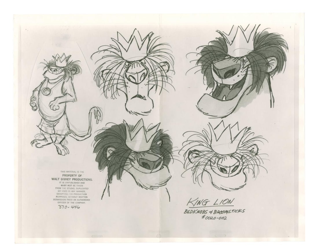A "Bedknobs and Broomsticks" King Leonidas Model Sheet.: (Disney, 1971) An original photostat model sheet of King Leonidas from the live-action and animated "Bedknobs and Broomsticks." Model sheets such as this were distributed to animators and crew