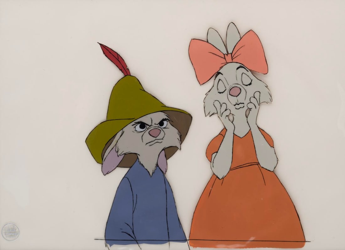 A "Robin Hood" Production Cel.: (Disney, 1973) An original production cel from "Robin Hood" of Skippy and Sis, the two rabbit children. With an image size of 8.5" x 8.25" on the 9.5" x 13" visible cel, the artwork is in fine