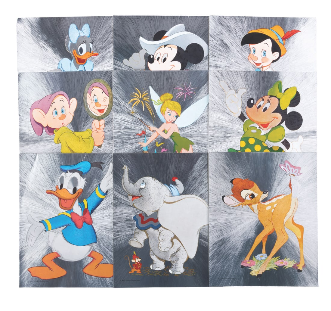 A Collection of Disney Duflex Foil Prints.: (Disney, 1980s) A collection of nine Duflex souvenir foil character prints sold at Disneyland and Walt Disney World. The characters include Mickey, Minnie, Donald, Daisy, Tinker Bell, Dumbo, Dopey,