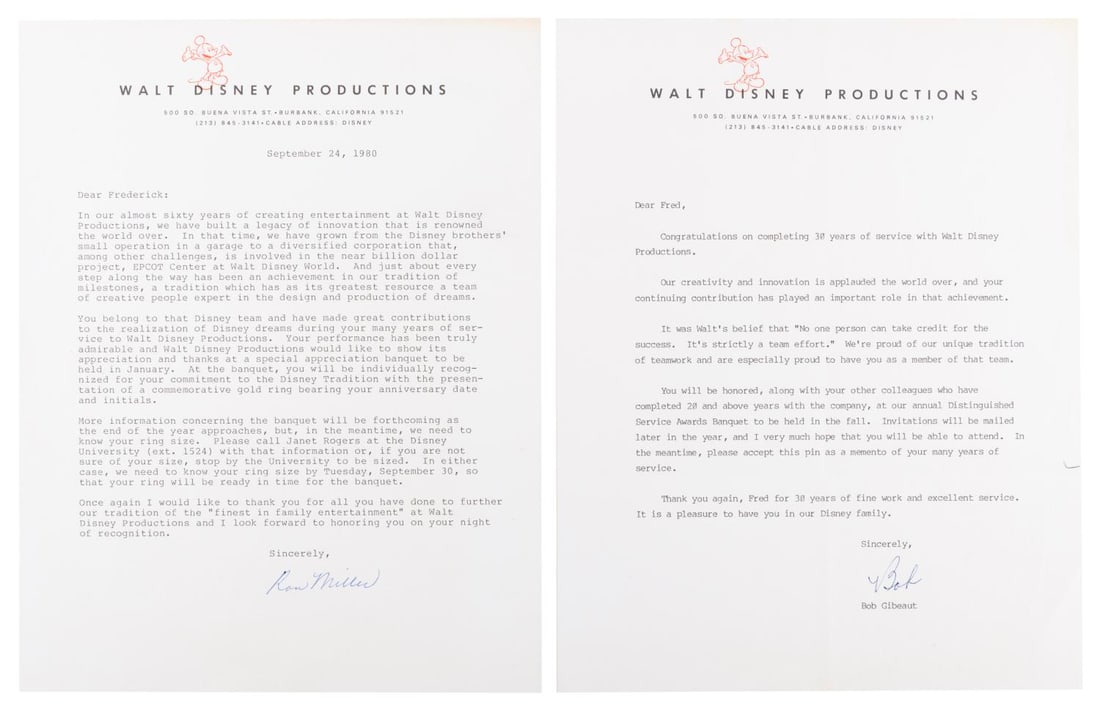 A Ron Miller Signed Walt Disney Productions Letter.: (Disney, 1980) A pair of signed letters on Walt Disney Productions letterhead, addressed to Fred, who was being honored at the Distinguished Service Award Banquet in 1980 for over 30 years of