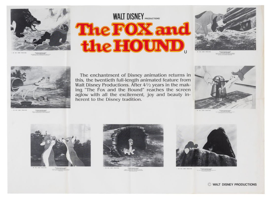 A "The Fox and the Hound" British Quad Poster.: (Disney, 1981) An original British quad poster for "The Fox and the Hound." Measuring 29.5" x 39.75", the poster displays in good condition with edge wear including small tears, creasing, original