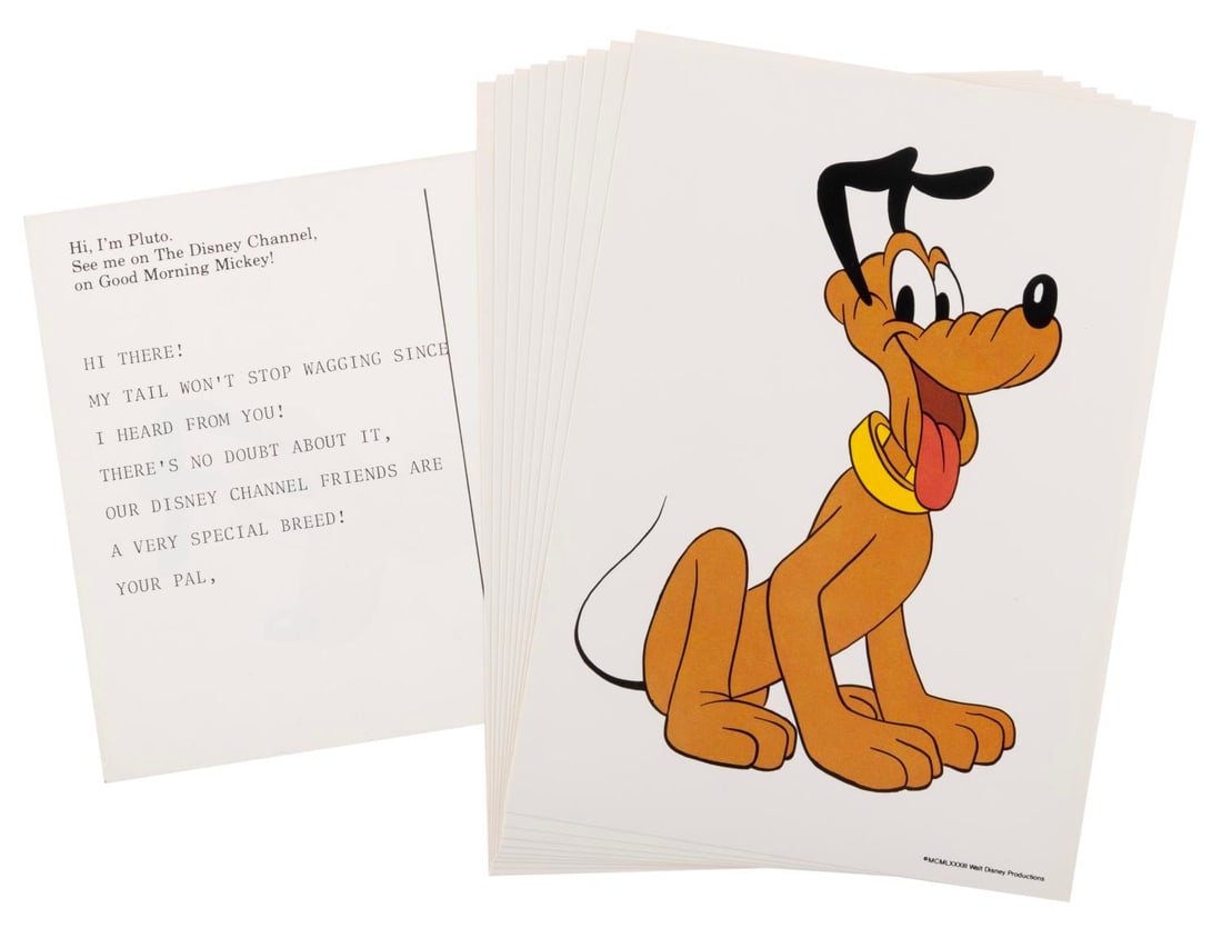 A Set of Promotional Disney Channel Pluto Postcards.: (Disney, 1983) A collection of ten Pluto advertising mailer postcards promoting The Disney Channel. The identical postcards feature an image of Pluto on one side, and a message from him on the