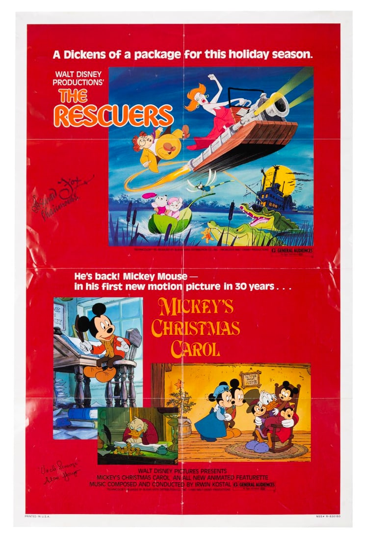 A Signed "Mickey's Christmas Carol" & "The Rescuers" One-Sheet.: (Disney, 1983) A signed one-sheet for the "The Rescuers" and "Mickey's Christmas Carol " double-bill release. The poster has been signed by Bernard Fox, the voice of Mr. Chairman in "The Rescuers," an