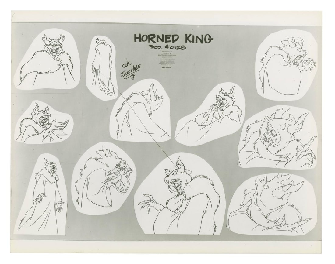 A "Black Cauldron" Horned King Model Sheet.: (Disney, 1985) An original photostat model sheet of the Horned King from "The Black Cauldron." Model sheets such as these were distributed to animators and crew working on the film to ensure