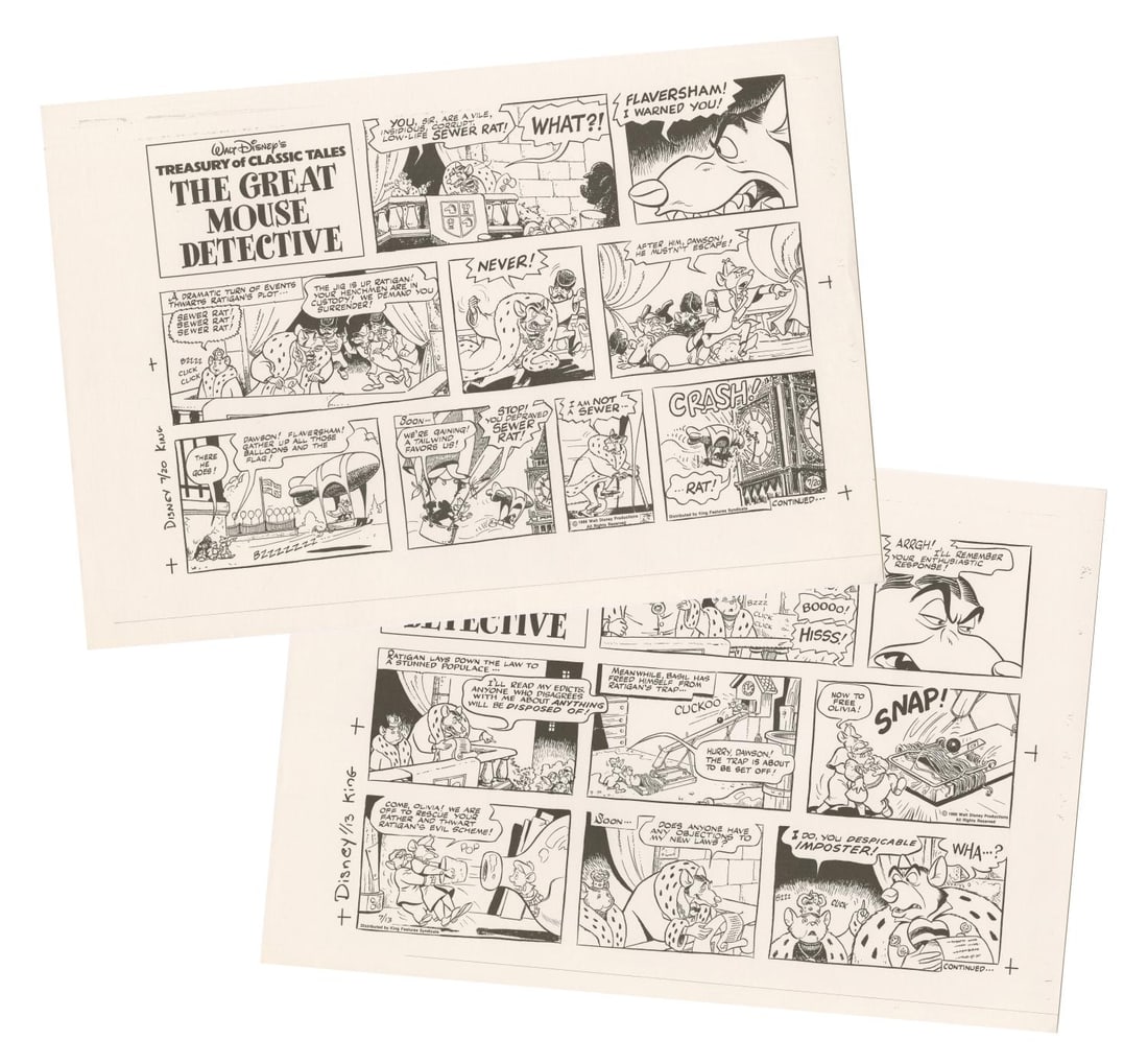 "The Great Mouse Detective" Studio Reference Comic Strip Art.: (Disney, 1986) A Studio-printed reference copy of 7 pages of newspaper comic artwork from the "Walt Disney?s Treasure of Classic Tales - The Great Mouse Detective." The comic was written by Carl